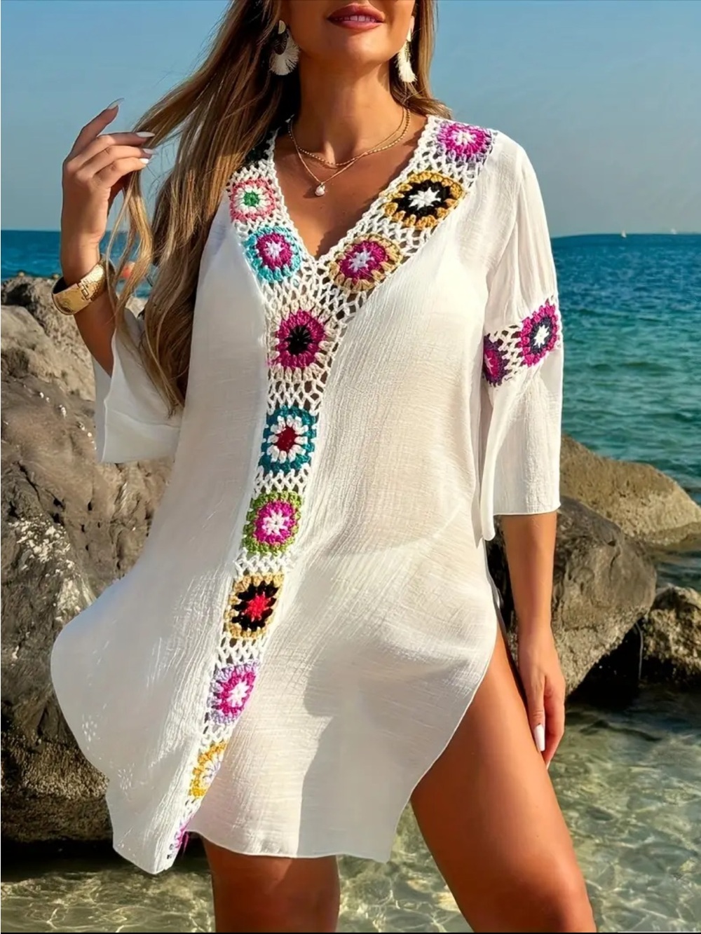 NWT Bohemian White Crochet-Trim Beach Cover-Up Tunic with Multcolor